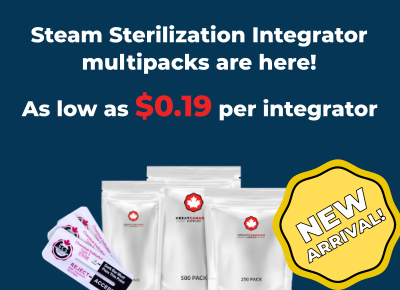Steam Sterilization Integrator multipacks are now available! Purchase in 500, 250, 100, and 50 piece pouches. As low as $0.19 per integrator.